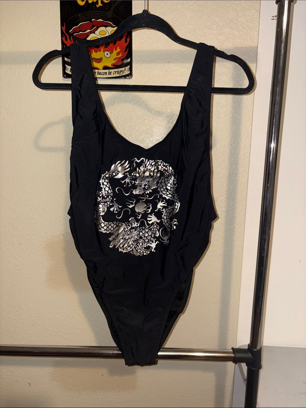 #113 New LARGE  Black bodysuit with Silver Dragon Print